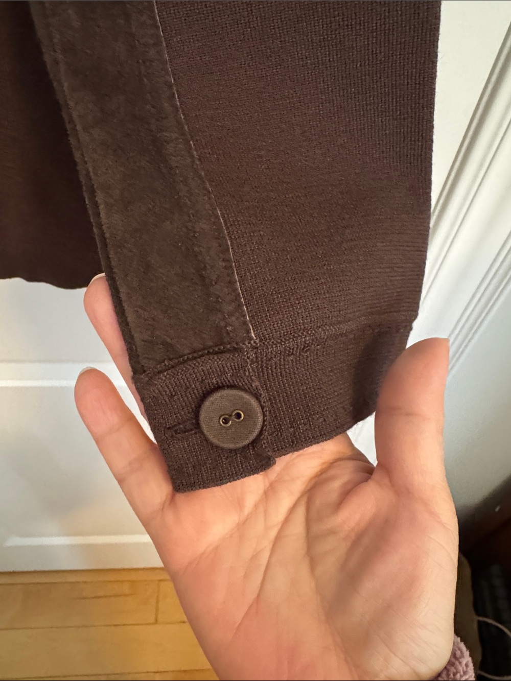 Suede and knit hand stitched Brown Floral Appliqué Button-Up Jacket - Picture 5 of 5